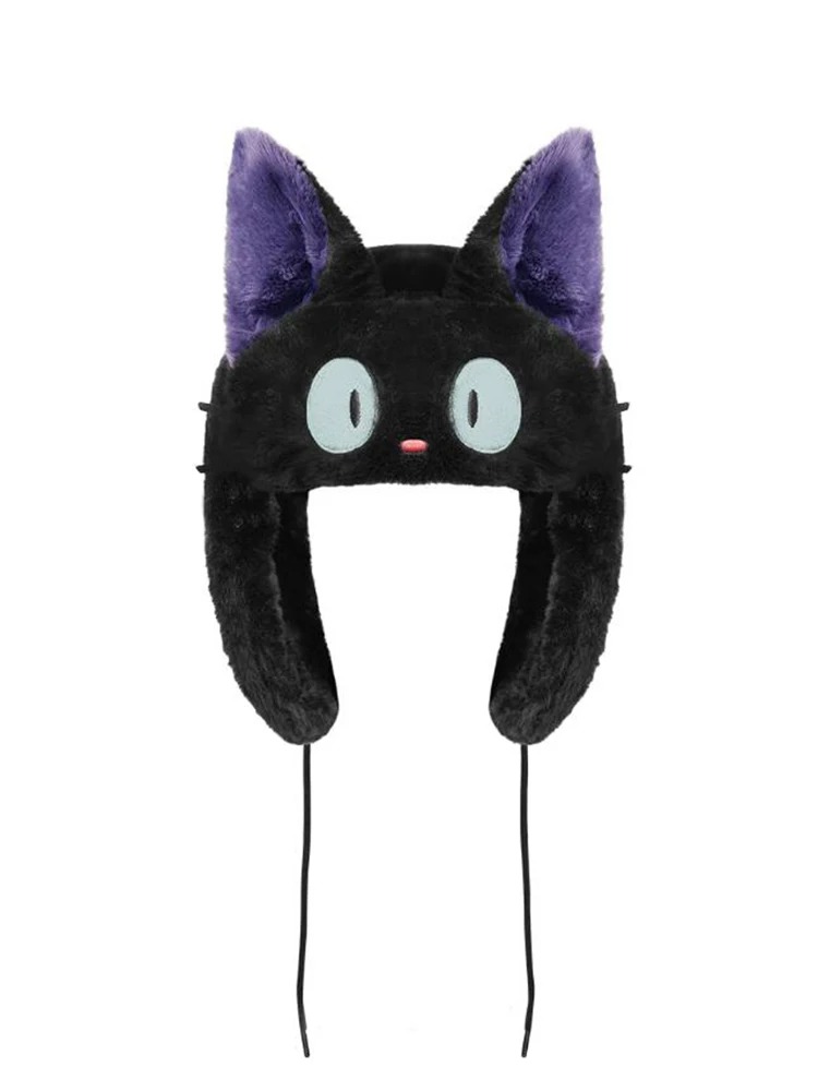 Japanese Cartoon Anime Jiji Cat Ushanka Black Hat Cute Y2K Warm Earflap Trapper Hat Bomber - 2