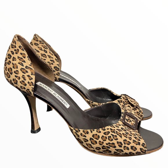 Manolo Blahnik D'orsay heels pony hair cheetah print leopard buckle open toe 10 - 1