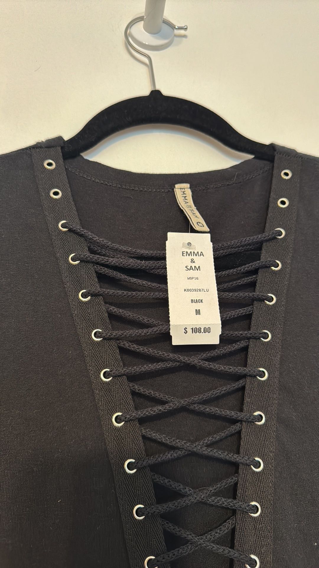 LF Emma & Sam Black Lace-up Ladder Front Grommet Oversized T-shirt - 4