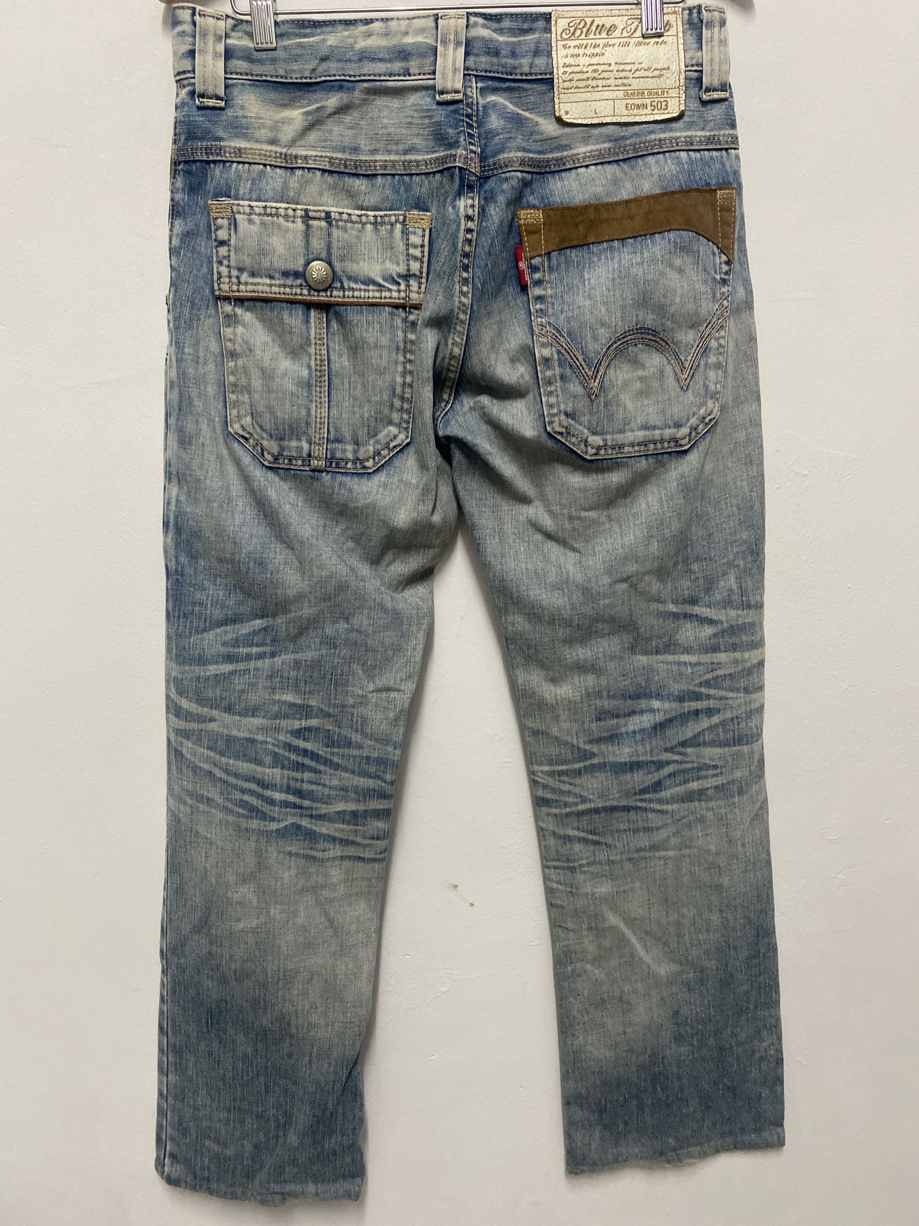 Vintage Distressed Utility Denim Jeans with Cargo Pockets and Contrast Trim - 1