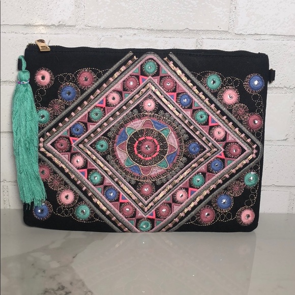 Boho Embroidered Crossbody Wristlet Clutch Bag - 1