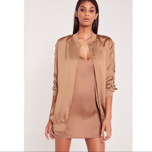 Carli Bybel x Missguided Longline Laceup Satin Bomber Jacket in Rose Gold - 4