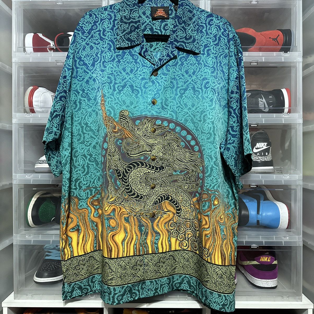 Vintage - Y2K Dragon Flames All Over Print Anime Button Up Shirt XL - 1