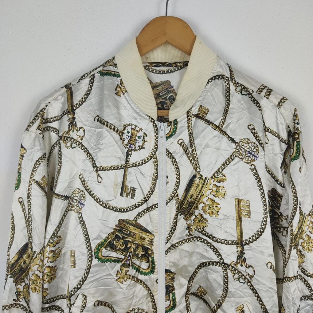 Designer - Vintage Full Printed Cross Crown Satin Silk Jacket - 3