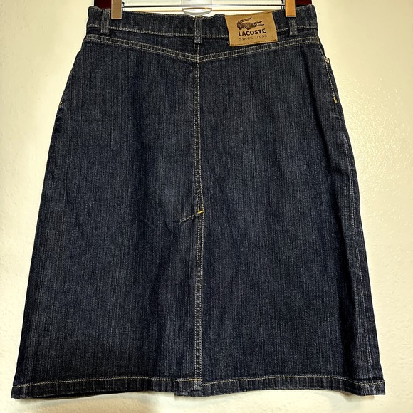 Lacoste Straight Denim Skirt Dark Wash Stitch Detail High Rise Knee Length 36 S - 6