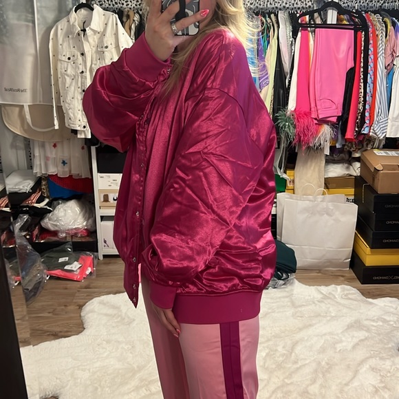 Azalea Wang Pink Oversized Satin Bomber Jacket - 12