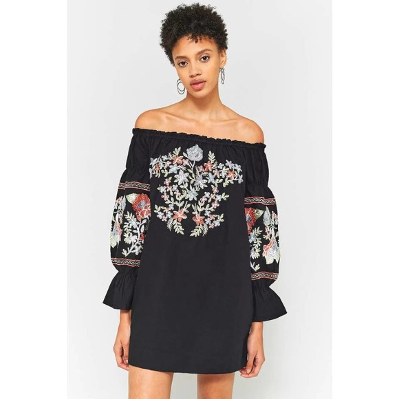 Rebellion Again Embroidered Off the Shoulder Black Mini Dress Large - 5