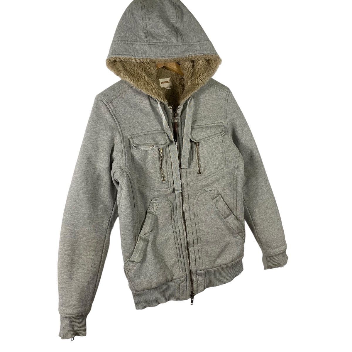 Diesel Heavyweight Faux Fur Gray Lined Hoodie Jacket - 3