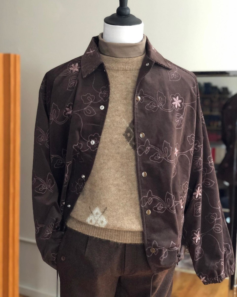 Niche - floral flower corduroy embroidery jacket brown L - 2