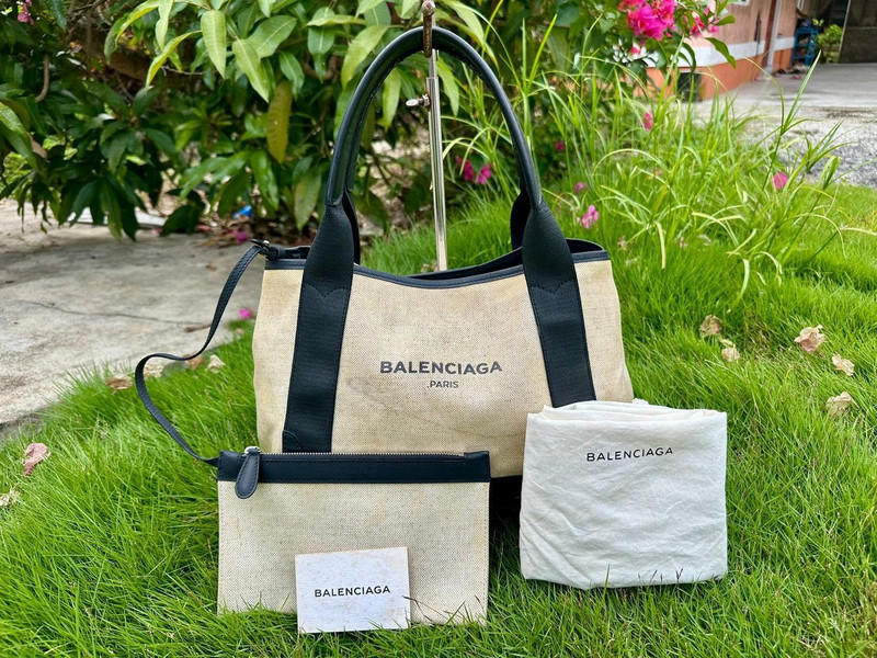 Authentic Balenciaga Navy Cabas Small in Beige Tote Bag - 1
