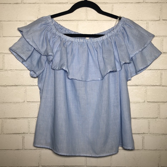 Love in - Blue + White Striped Off Shoulder Ruffle Top - 3