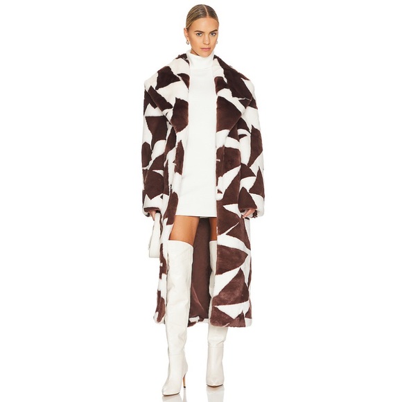 Ronny Kobo Collection - Ronny Kobo Ilia Faux Fur Coat in Ivory & Brown Triangle Diamond Print - 1