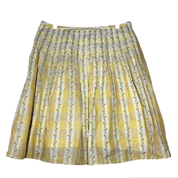 Vintage Free People Mini Skirt Embroidered Floral Pleated 100% Cotton Yellow 8 - 1