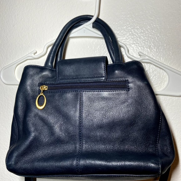 Liz Claiborne Leather Co Shoulder Bag Gold Plated Detail Zip Pockets Navy Blue - 6