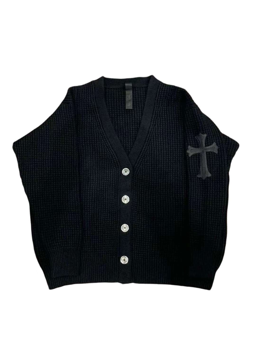 Huge cross patch waffle knit cardigan sweater - 1