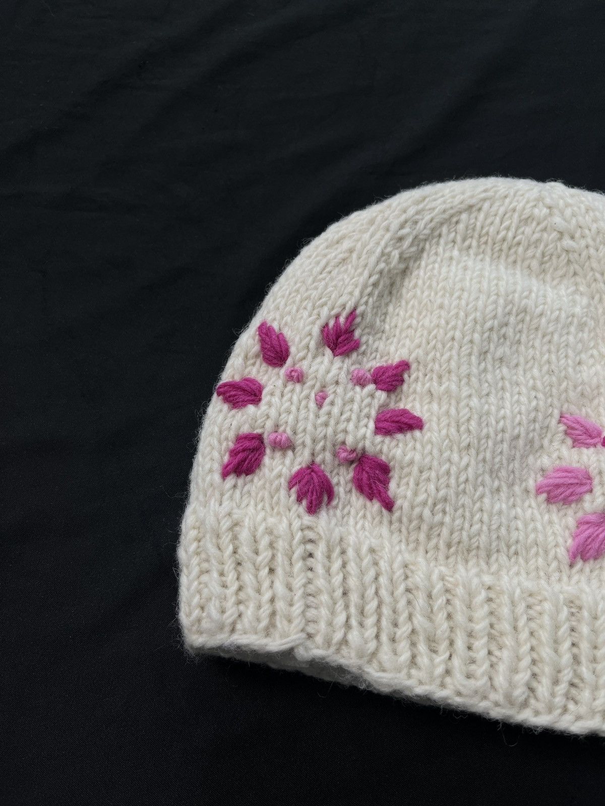 Rare Pink Flower Pattern Made in Nepal Handmade Beanie Hat - 5