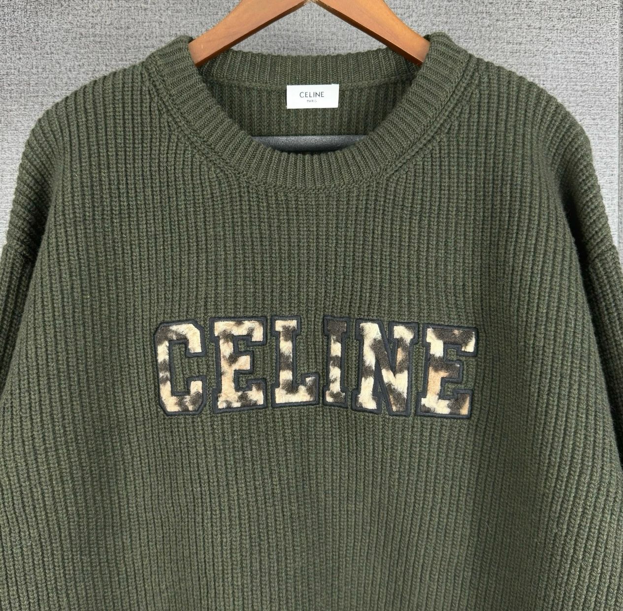 CELINE logo Leopard rib netting sweater - 3