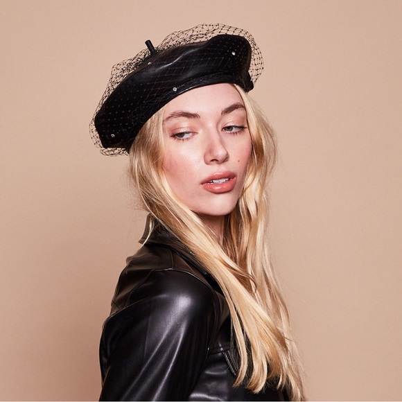 Eugenia Kim Carter Leather Beret Hat in Black with Birdcage Veil - 1