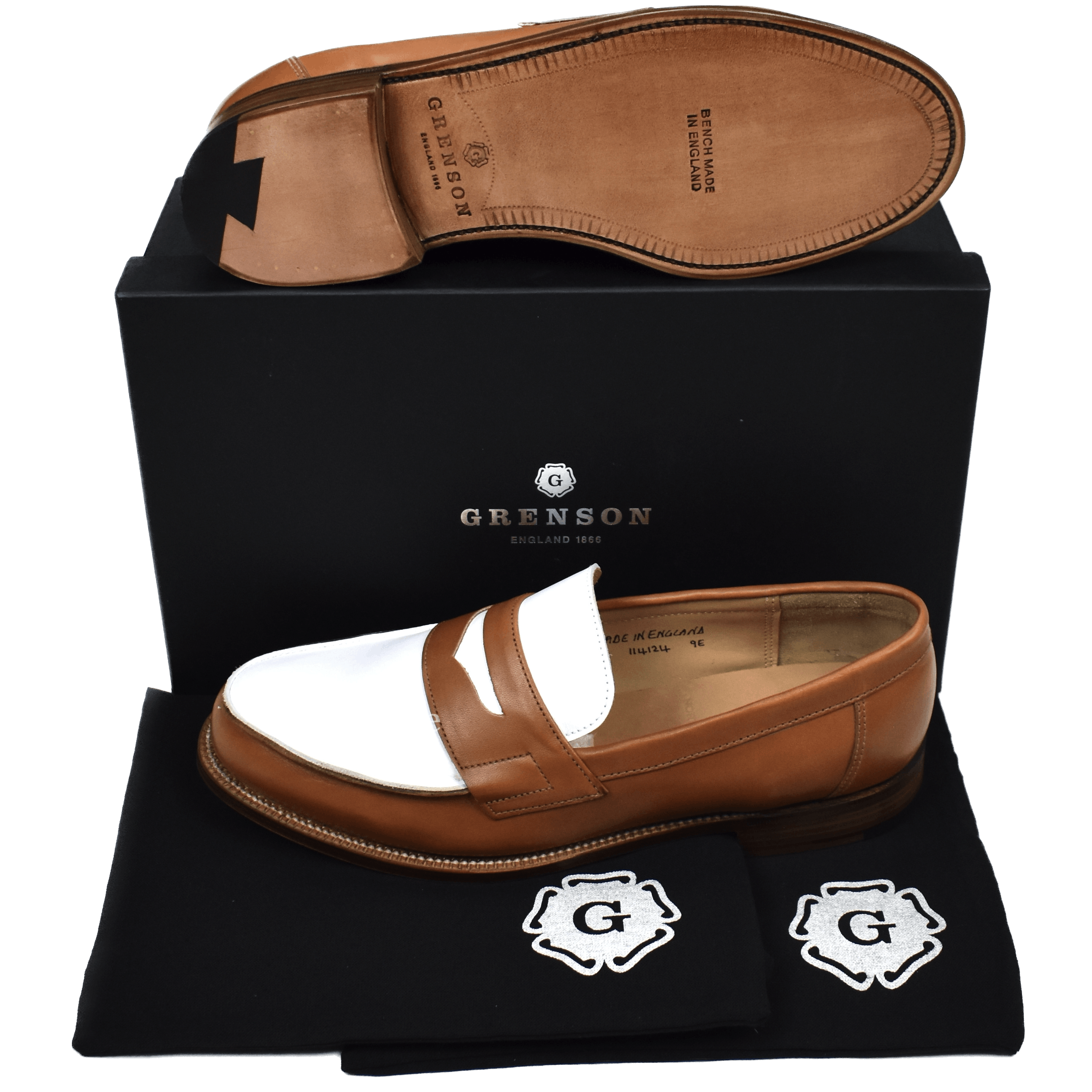 Grenson 2 Tone Epsom Penny Loafers Cognac White - 2