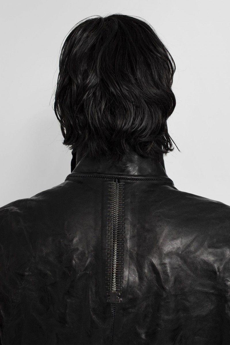 Black high-neck unlined asymmetric leather jacket - 4