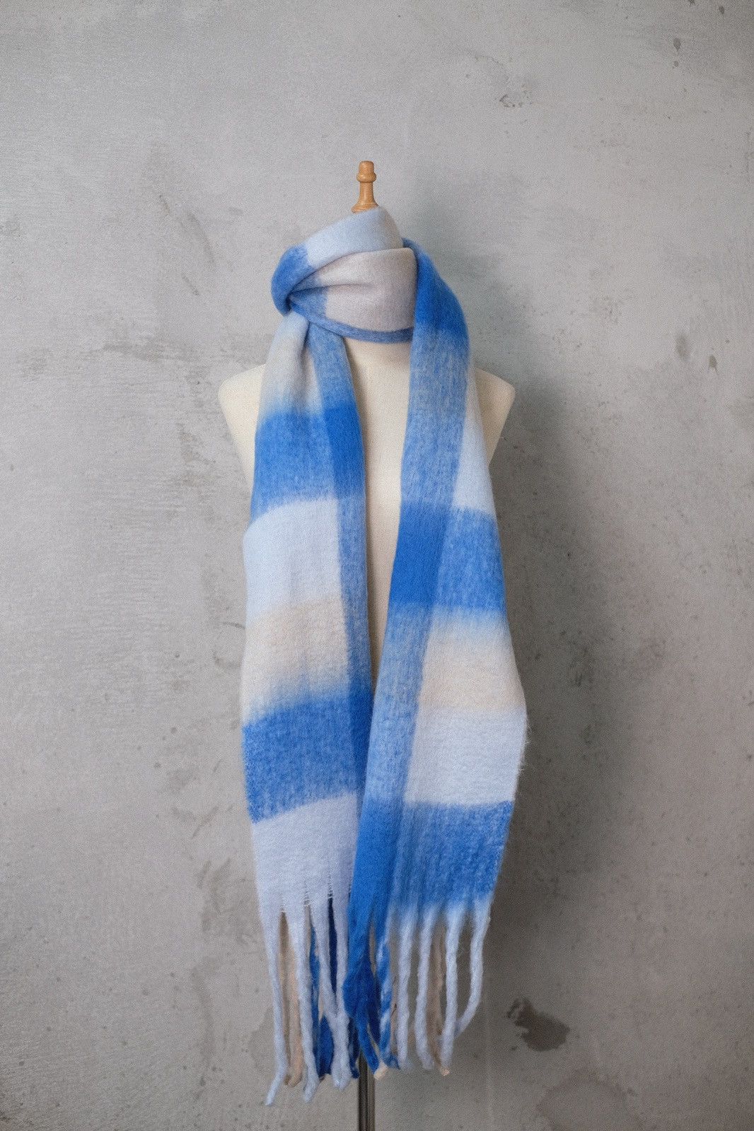 Japanese Brand - Deadstock Cozy Blue and White Mohair Checked Scarf OS Unisex - 1