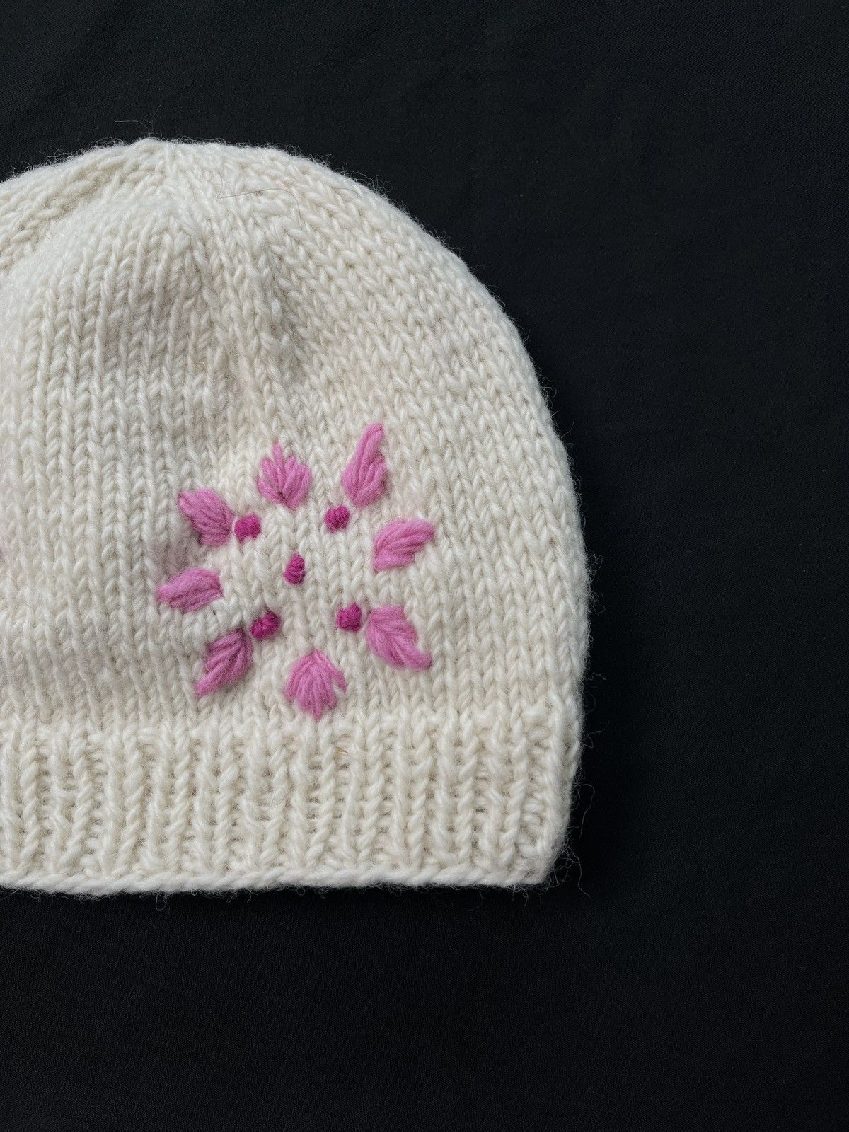 Rare Pink Flower Pattern Made in Nepal Handmade Beanie Hat - 3