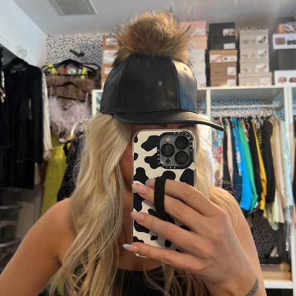 Faux Fur Pom Pom Faux Leather Baseball Hat - 9