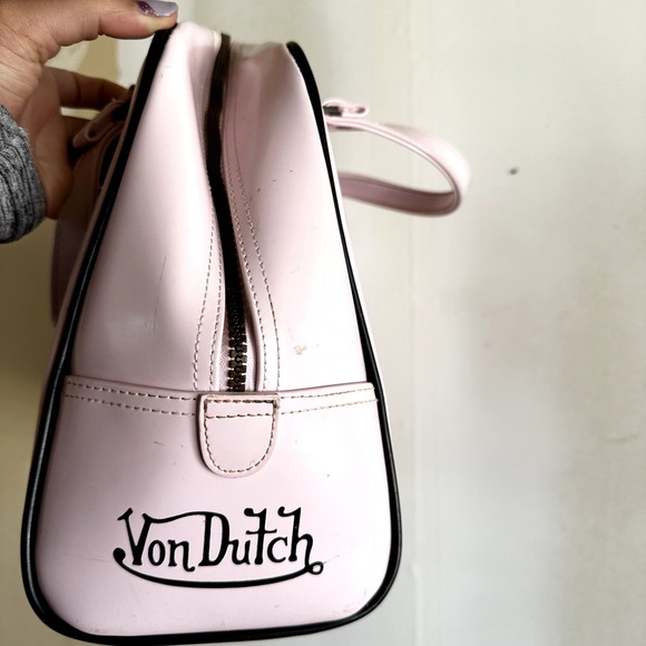 Vintage Von Dutch Leather Bowling Bag Y2k Hand Carry Zip Closure Light Pink - 2