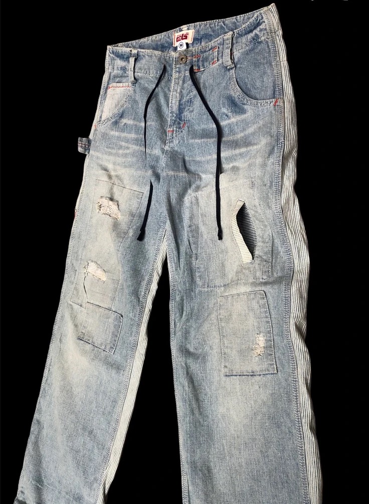 Other Designers Distressed Denim - Cube Sugar Mixed Hickory Stipe Patchwork  Workers Pants, monarchy