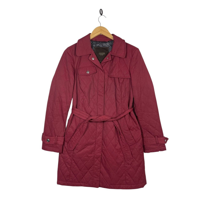 Coach Quilted Jacket Red Belted Coat Women Signature Lining - 1
