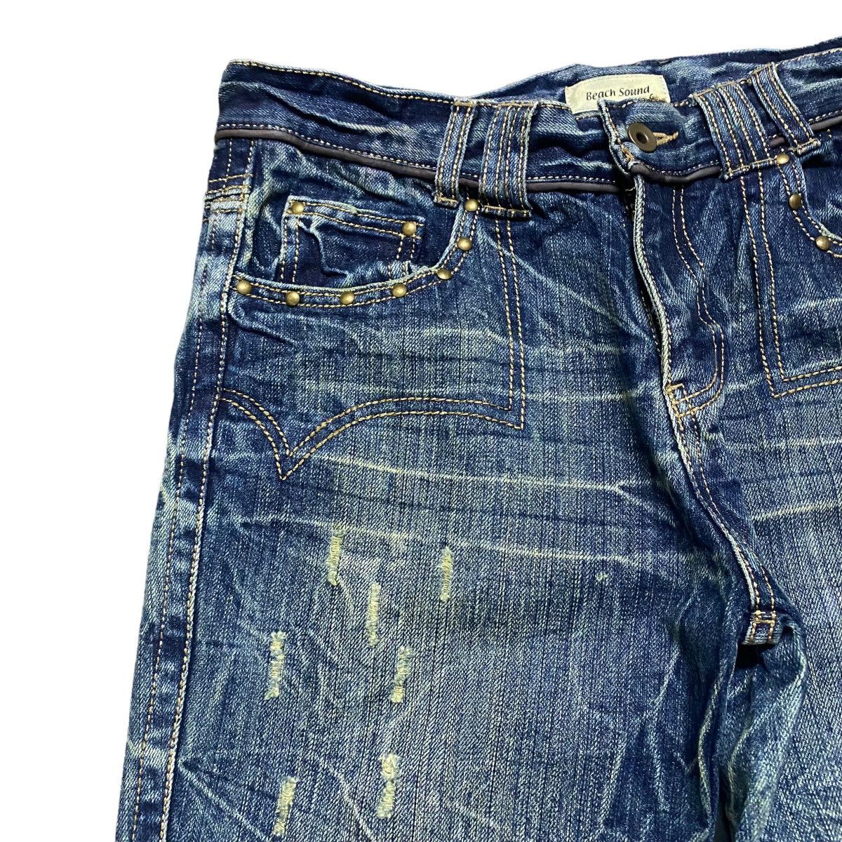 Distressed Denim - BEACH SOUND Gold Stitch Denim Flare Jeans - 5