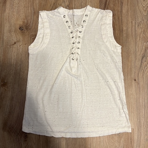 Olivaceous - Olivacious White Linen Distressed Lace-Up Sleeveless Shirt - 1