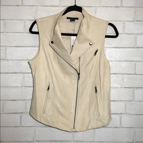 Theory Zida Leather Moto Vest in Bone - 3