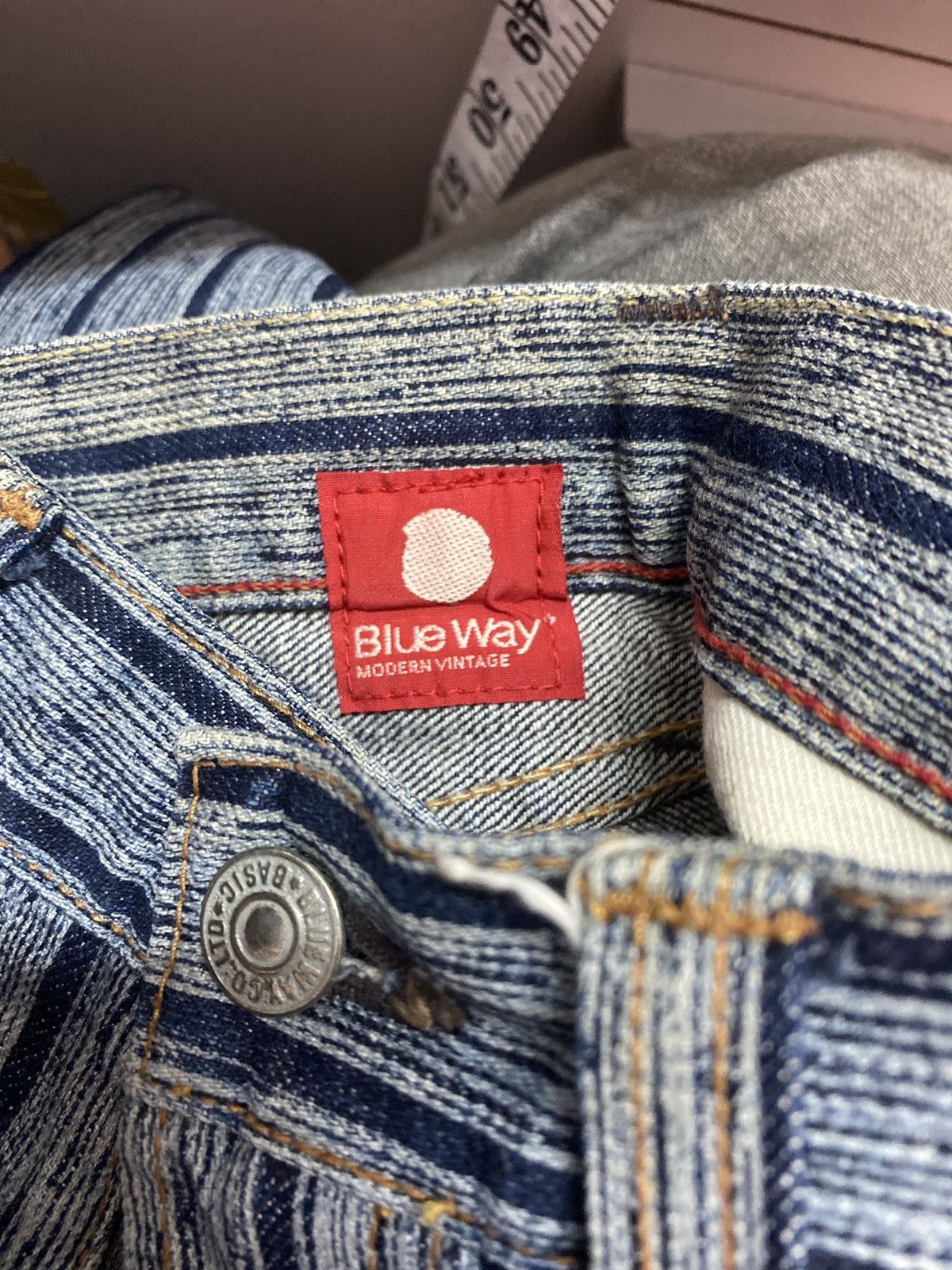 Vintage BLUE WAY Striped Blue Faded Denim - 14