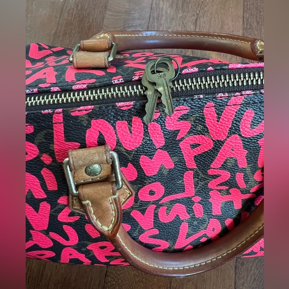 Louis Vuitton Monogram Graffiti Speedy 30 Satchel Bag Fuchsia Pink Vintage Rare - 4