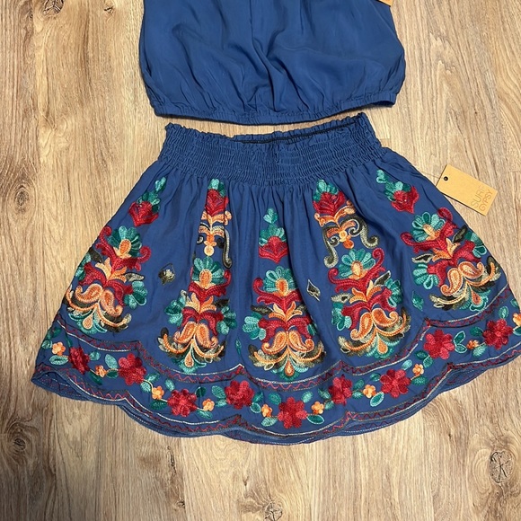 Surf Gypsy Embroidered Fiesta Mexican Style Off Shoulder Top & Smocked Skirt Set - 4