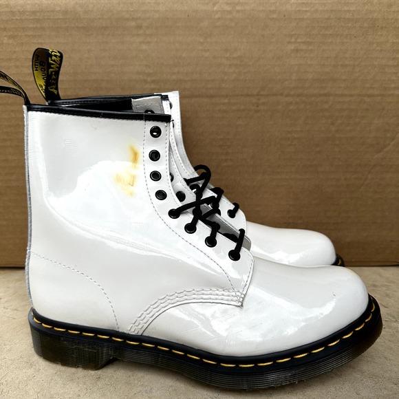 Dr. Martens 1460 Boots Combat 8 Eye Patent Leather Lace Up Block Heel White 11 - 2