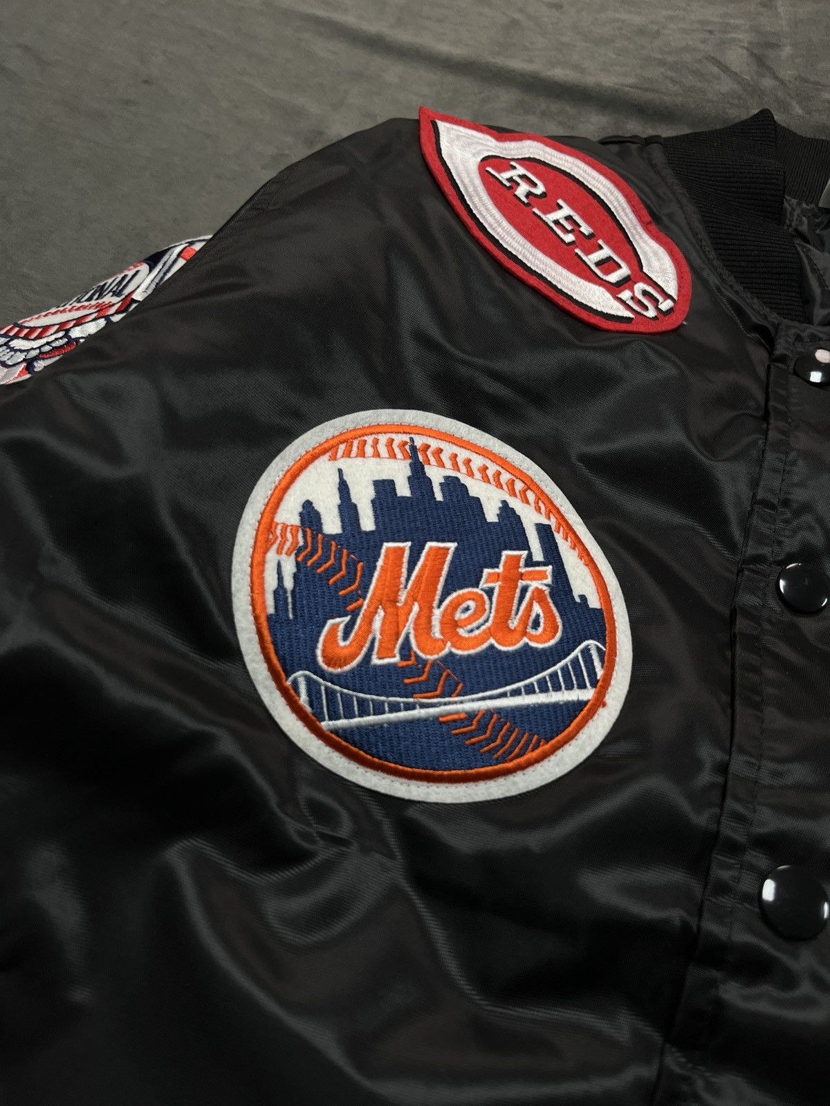 Majestic MLB All Star Logo Patch Black Satin Jacket Large - 7