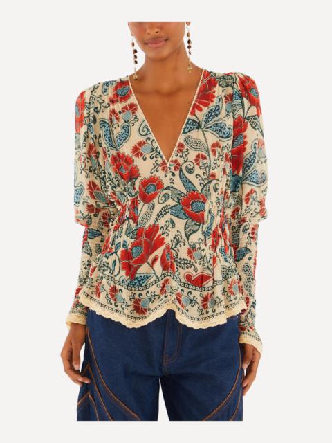 FARM RIO Sand Francesca Long-Sleeve Blouse