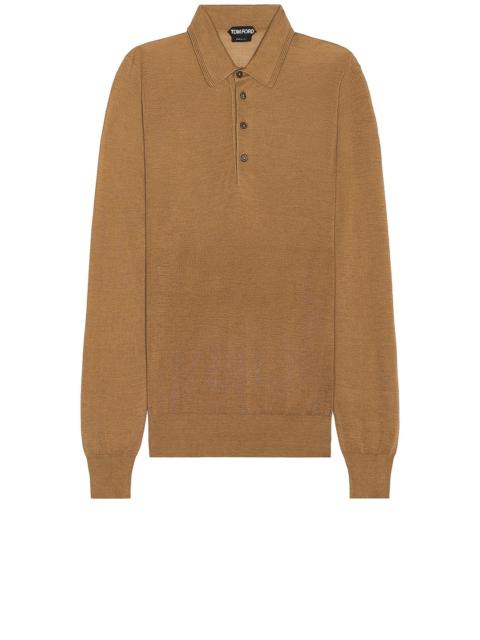 TOM FORD Piquet Long Sleeve Polo In Camel