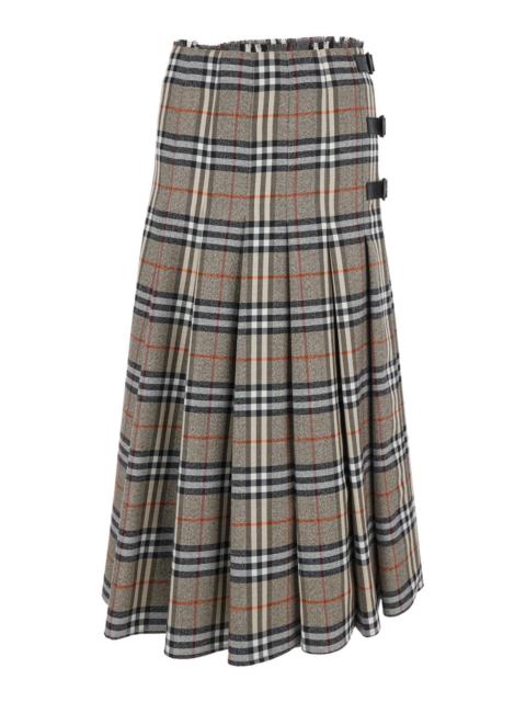 Burberry Burberry Women Beige Midi Skirt With Side Buckle Closure And All-Over Check Motif In Wool Woman