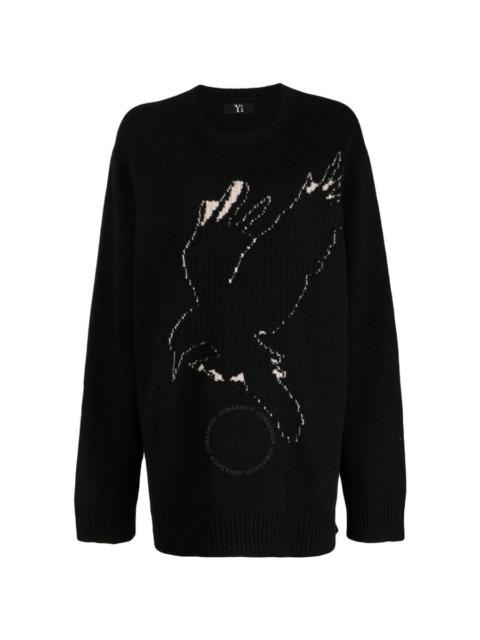 Ys Black Wool Crow Motif Long-Sleeved Pullover, Brand Size 2 (Medium)