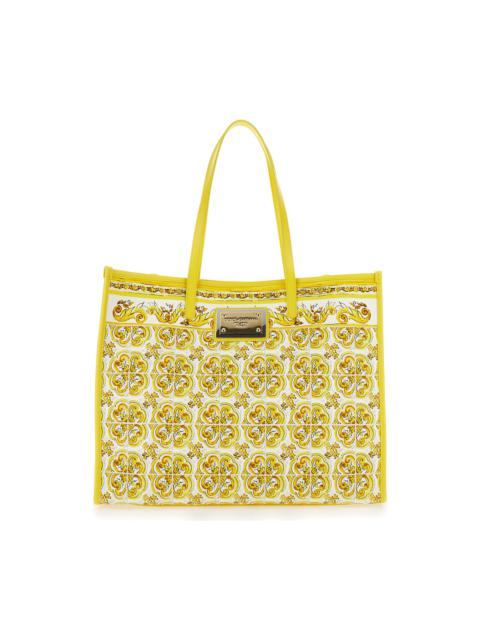 Yellow And White Tote Bag With Majolica Print And Logo Plaque In Cotton Woman
