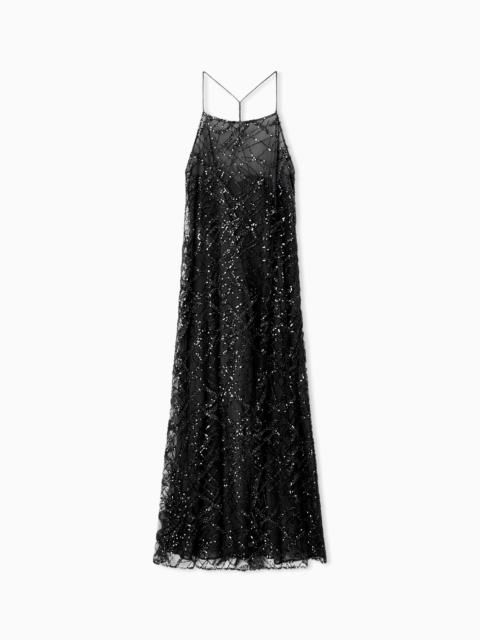 EMPORIO ARMANI LONG TULLE DRESS WITH ALL-OVER MICRO-SEQUIN AND JET EMBROIDERY