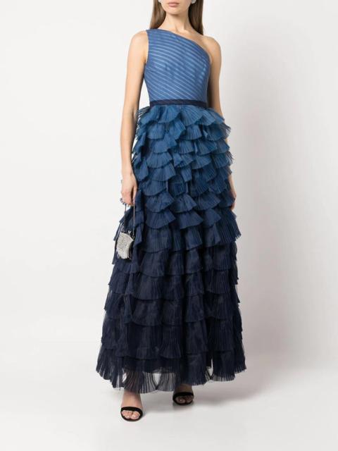 Marchesa ONE SHOULDER TIERED RUFFLE GOWN