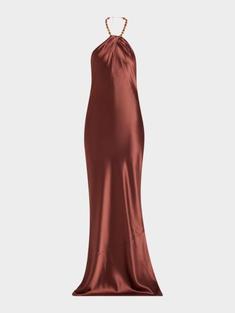 RETROFÊTE Anat Satin Beaded Halter Dress