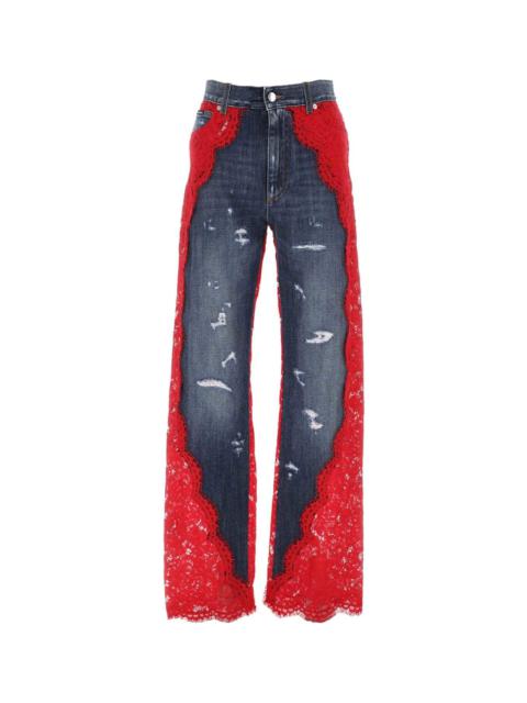Two-tone Denim And Lace Jeans