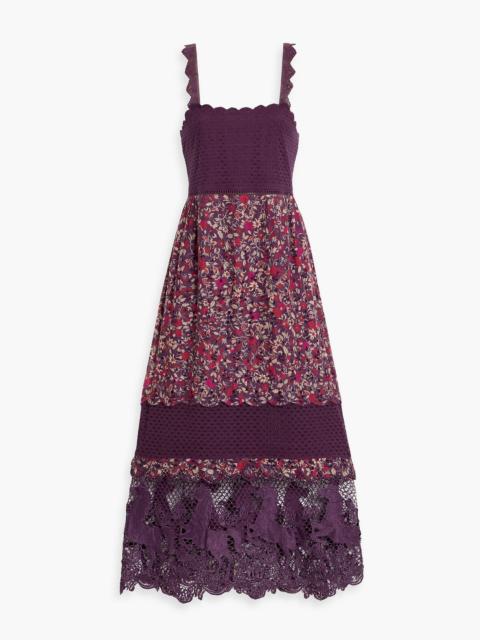 FARM RIO Lace-paneled floral-print broderie anglaise cotton midi dress