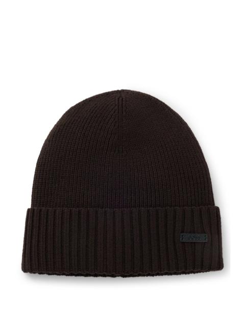 BOSS BEANIE HAT IN VIRGIN WOOL WITH LOGO PLAQUE