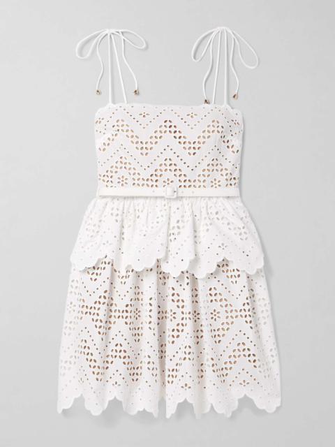 Belted scalloped broderie anglaise cotton-voile mini dress White